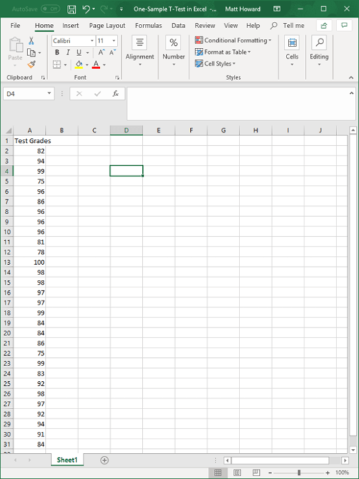 one-sample t-test in excel 1