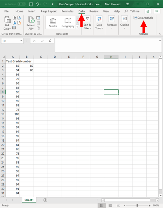 one-sample t-test in excel 3