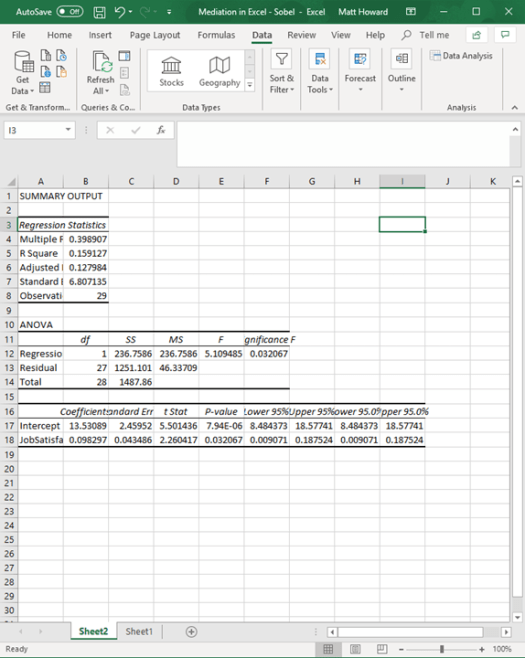 Mediation with Regression in Excel - Sobel Test 11