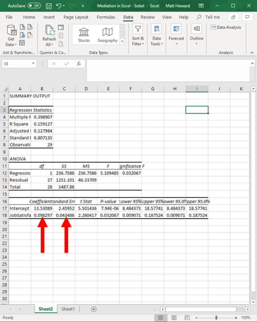 Mediation with Regression in Excel - Sobel Test 12