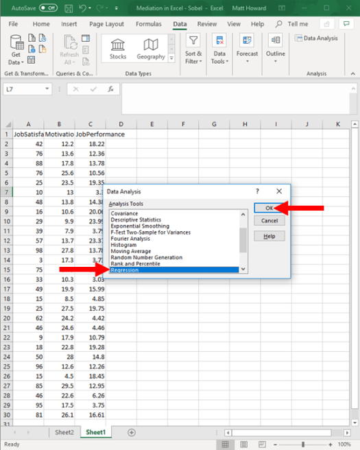 Mediation with Regression in Excel - Sobel Test 14