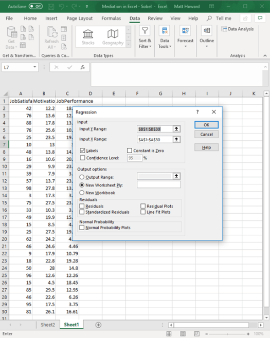 Mediation with Regression in Excel - Sobel Test 15