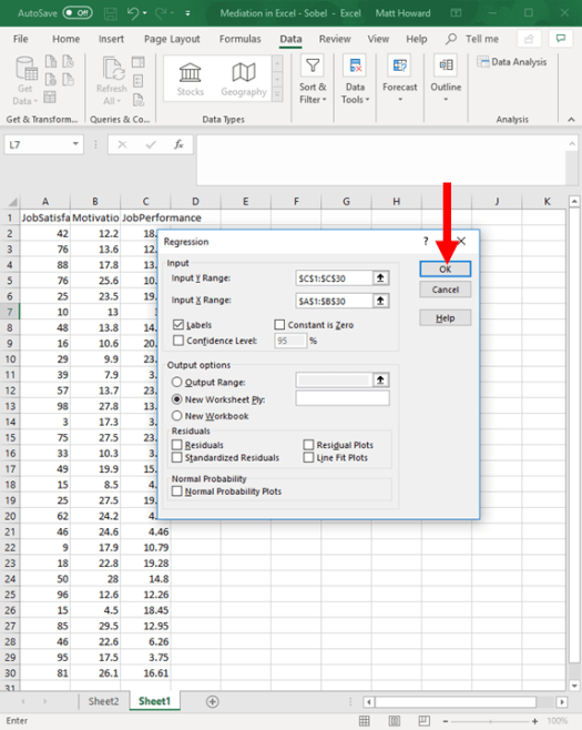 Mediation with Regression in Excel - Sobel Test 20
