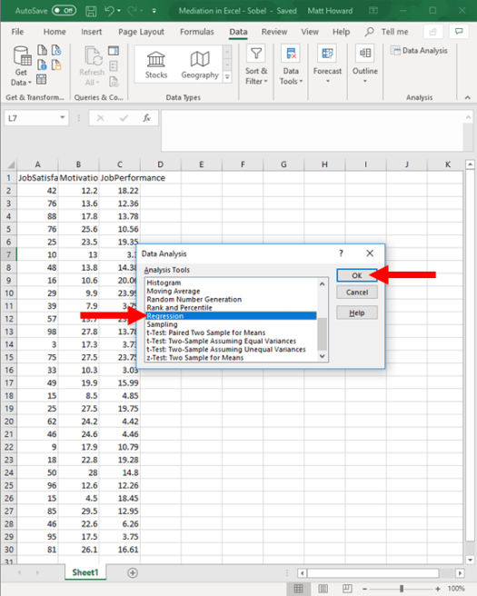 Mediation with Regression in Excel - Sobel Test 3
