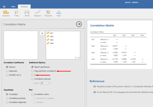 Correlations in Jamovi 5