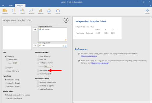 Two-Sample T-Test in Jamovi 7